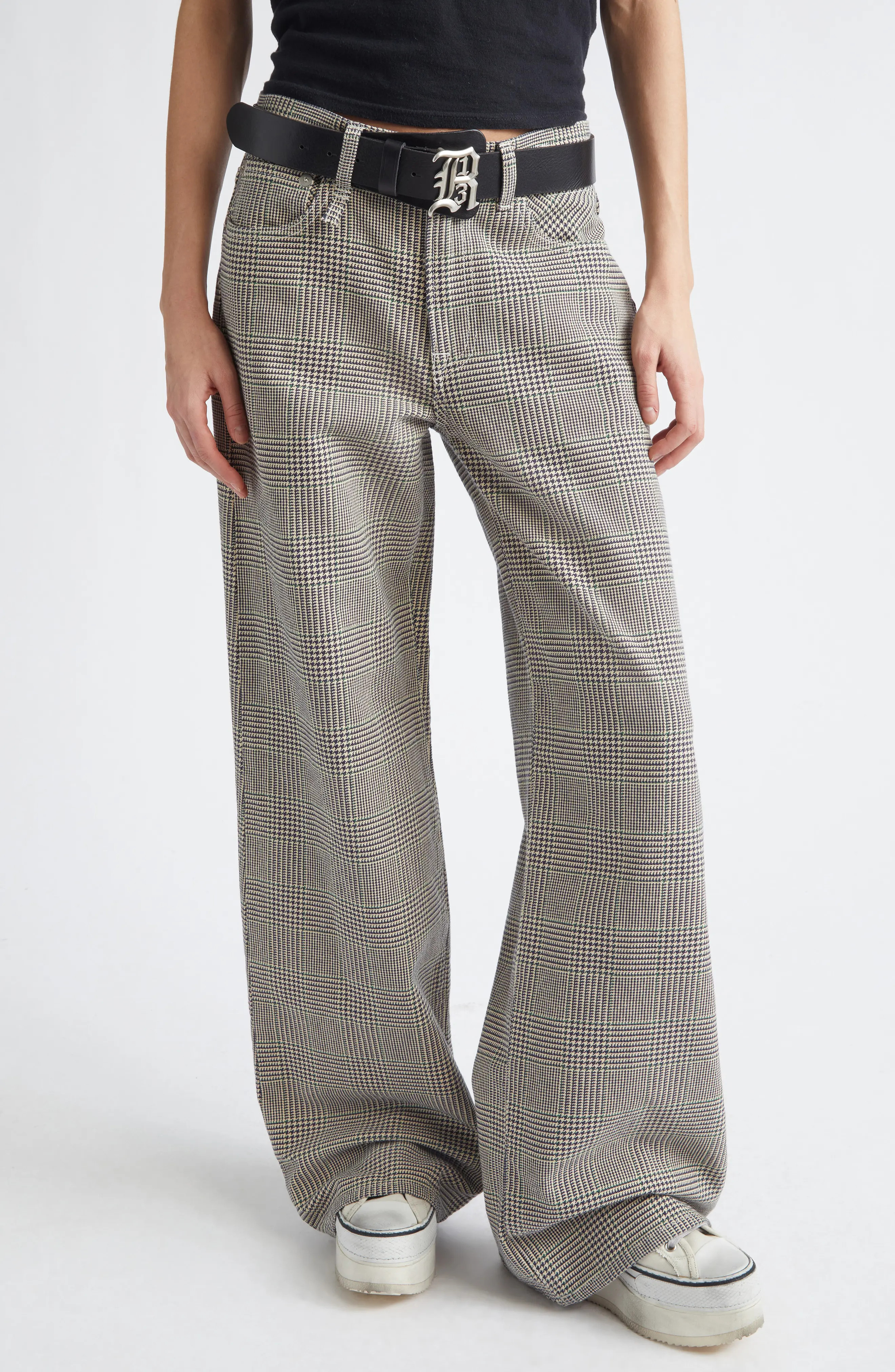 R13 Darcy Flare Jeans in Prince Of Wales Grey Check at Nordstrom, Size 27 | Nordstrom