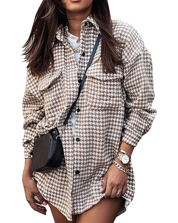 Yimoon Plaid Jacket Women Casual Houndstooth Jacket Flannel Shacket Loose Long Sleeve Shirt Butto... | Amazon (US)