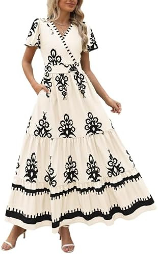 PRETTYGARDEN Womens 2026 Summer Casual V Neck Boho Maxi Dress Flowy Aline Bell Sleeve Tiered Flor... | Amazon (US)