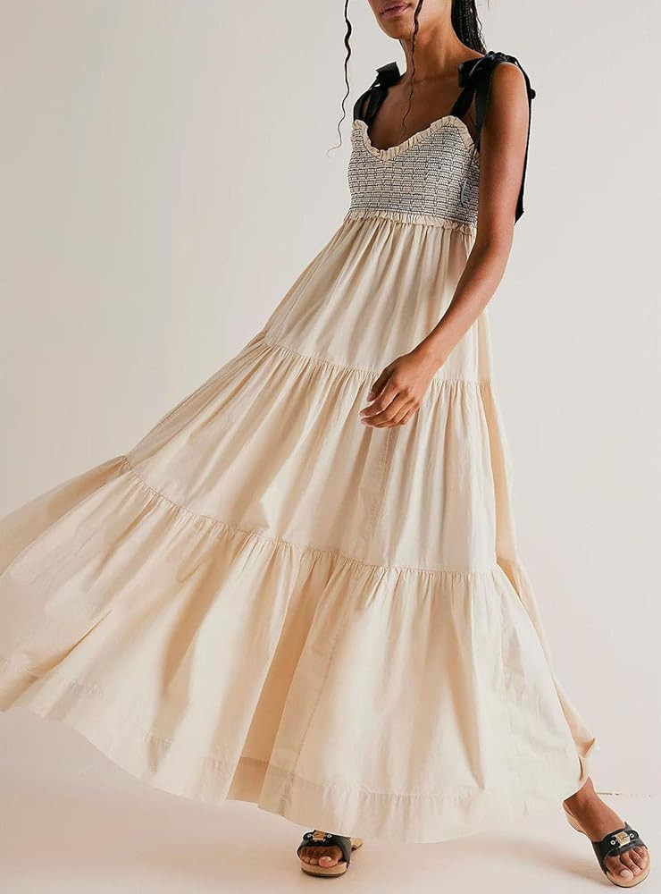 Women Summer Dresses Flowy Smocked Maxi Dress Sleeveless Tie Shoulder Boho Dresses Y2K Floral Bea... | Amazon (US)