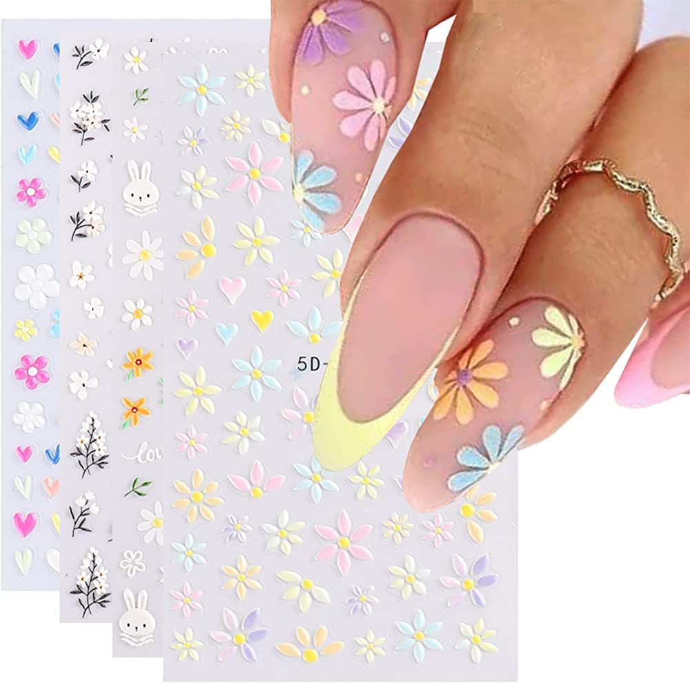 YOSOMK Flower Nail Art Stickers 5D Embossed Nail Decals Spring Daisy Nail Art Design Self Adhesiv... | Amazon (US)