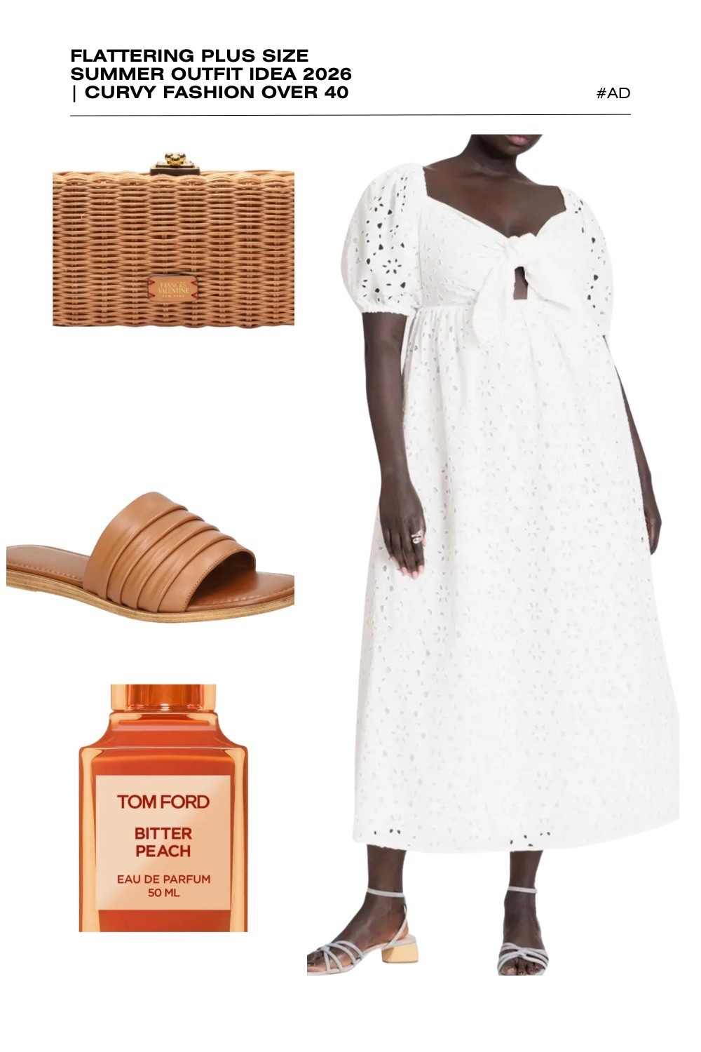 Embrace the ultimate white plus size summer outfit for 2026! This flattering tie-front eyelet maxi dress is a premier choice for curvy fashion over 40, featuring feminine puff sleeves, a sweetheart neckline, and a playful peek-a-boo cutout. The intricate embroidery and breezy silhouette make it the perfect summer bridal shower outfit or luxury resort evening look.
We’ve styled this ethereal white dress with a structured wicker clutch and comfortable tan ribbed slide sandals for a textured, neutral finish. To complete the sophisticated vibe, we’ve paired it with the intoxicating, sun-ripened scent of Tom Ford Bitter Peach. Discover how to style romantic summer whites for curvy figures this season. #PlusSizeFashion #WhiteEyeletDress #SummerOutfits2026 #TomFordBitterPeach #CurvyStyle #ResortWear #CoastalGrandmother
