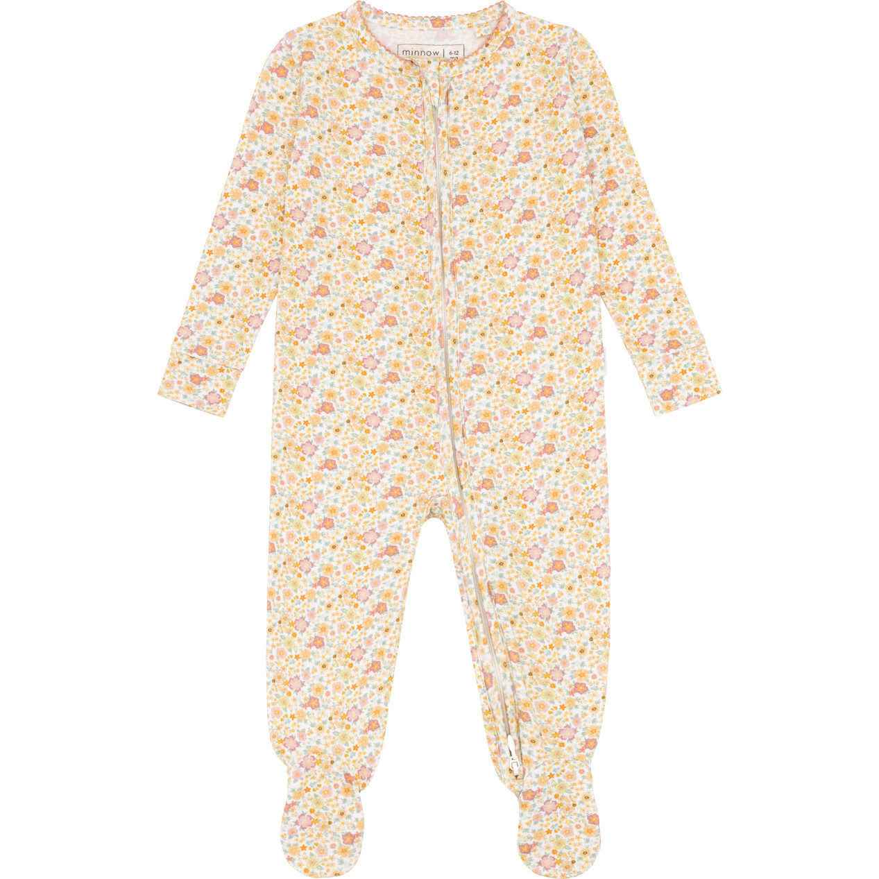 Babys Marigold Floral Print Pima Long Sleeve Snug Fit Front Zipper Footie, Yellow | Maisonette