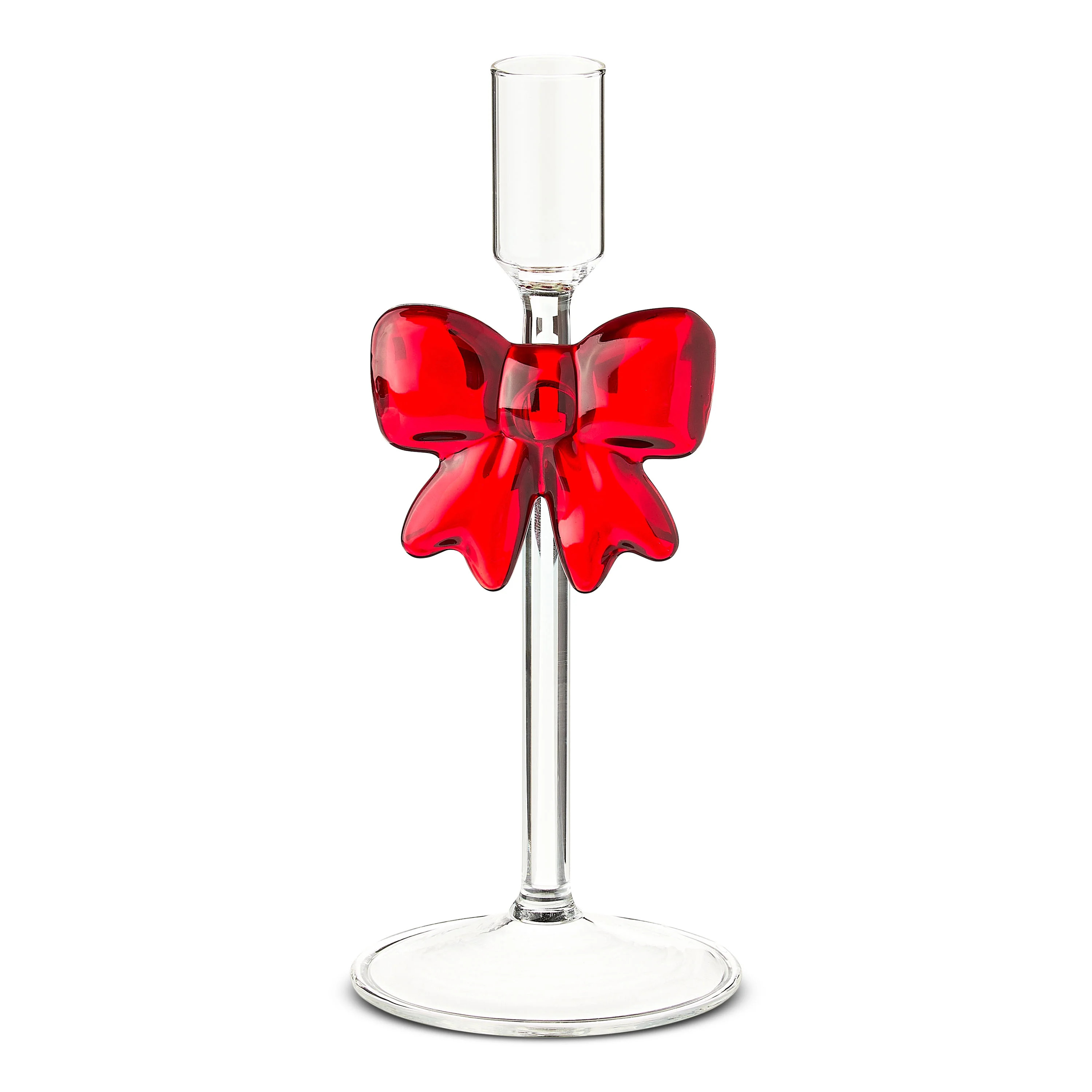 Small Clear Glass Christmas Taper Candle Holder with Bow, 7.75", by Holiday Time | Walmart (US)