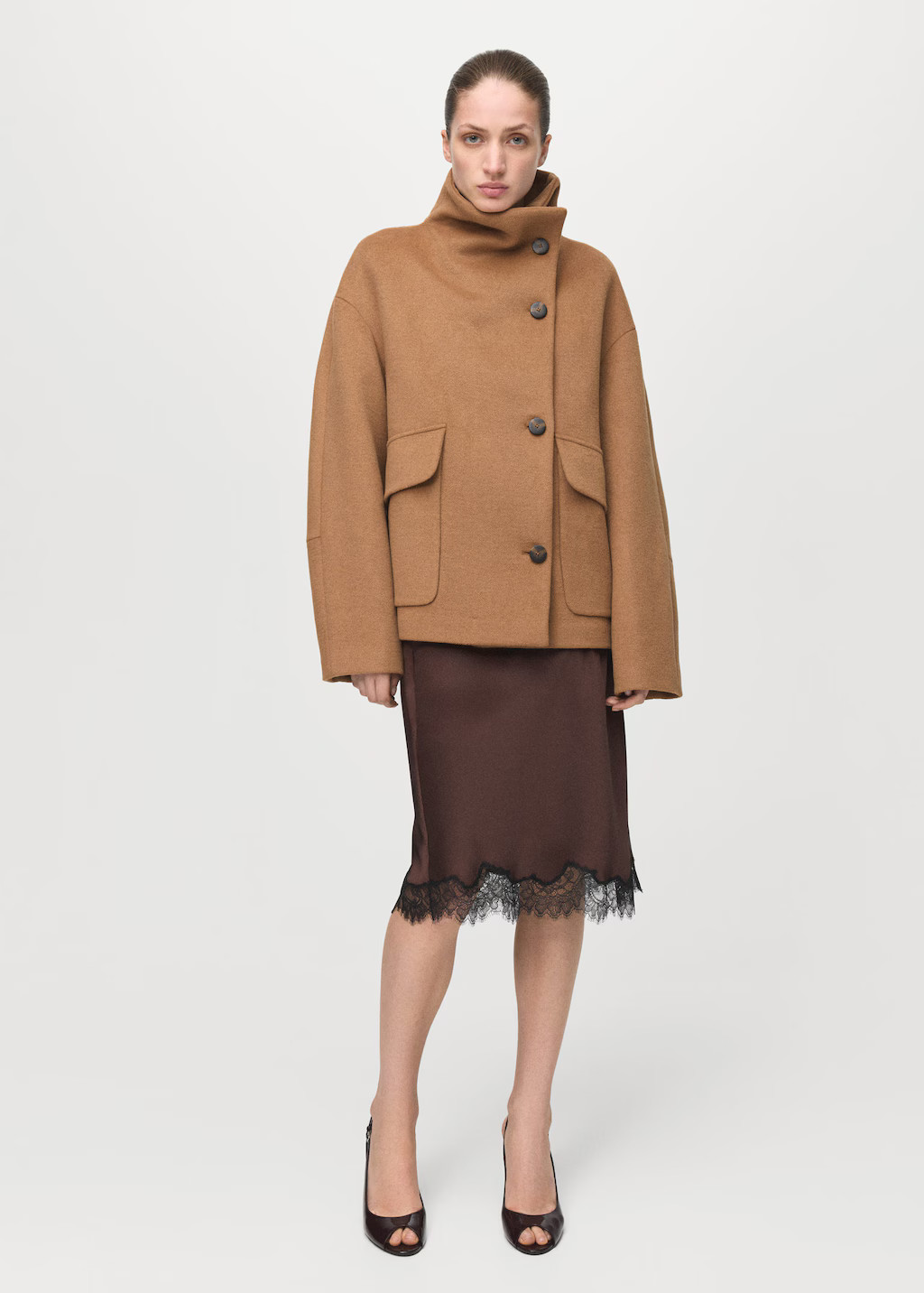 Wool-blend funnel-neck coat medium brown - Woman - M - MANGO | MANGO (UK)