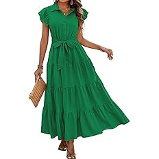 dowerme Women's Summer Casual Dresses 2026 Cap Ruffle Sleeve V Neck Button Belted Tiered Boho Max... | Amazon (US)