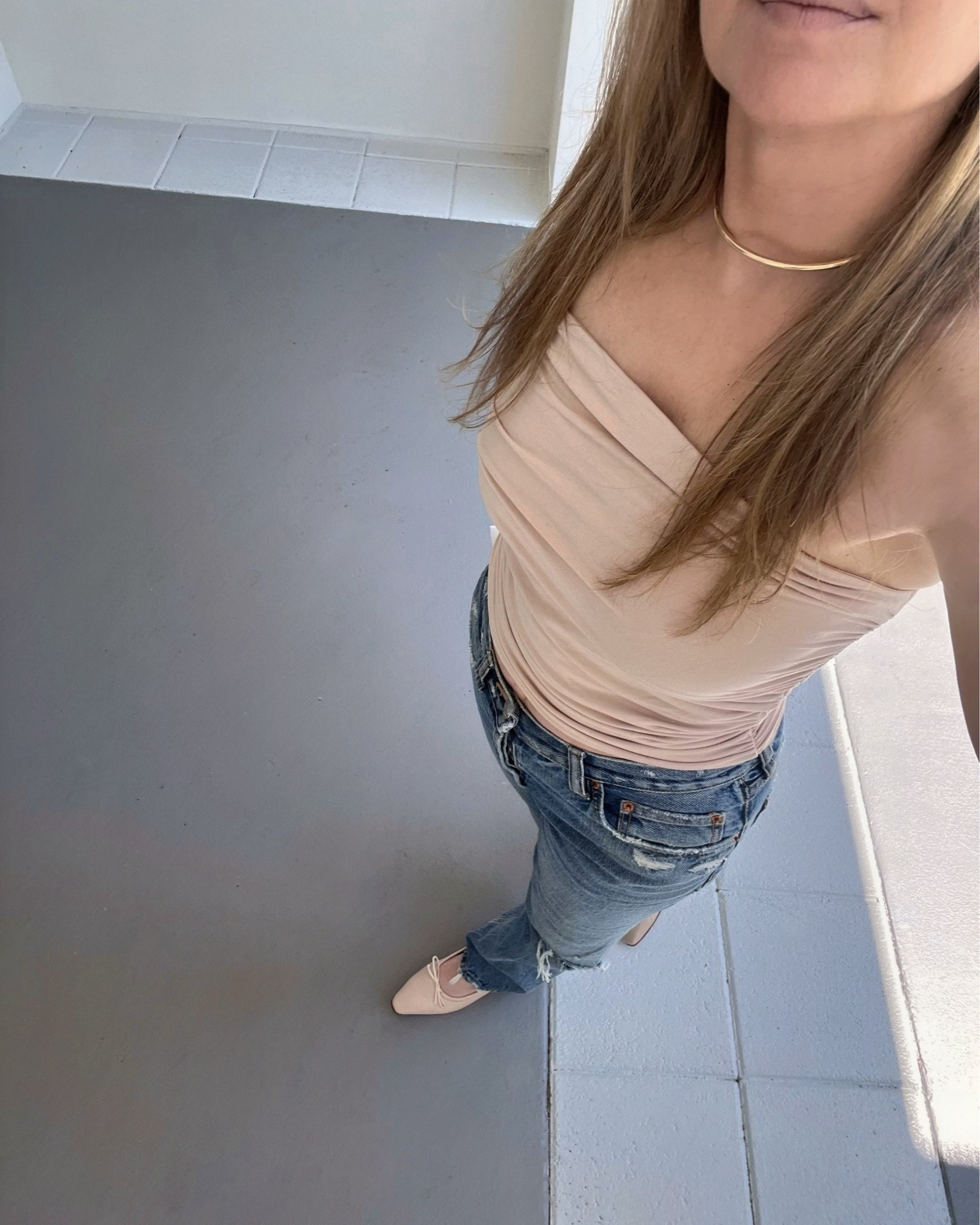 Wearing a neutral beige ruched tube top w jeans, matching square toe ballet flats and a gold collar choker necklace. 

#LTKSeasonal #LTKSaleAlert #LTKootd