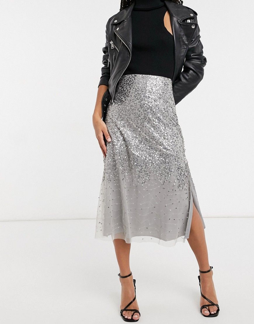 French Connection sequin midi skirt in grey | ASOS (Global)