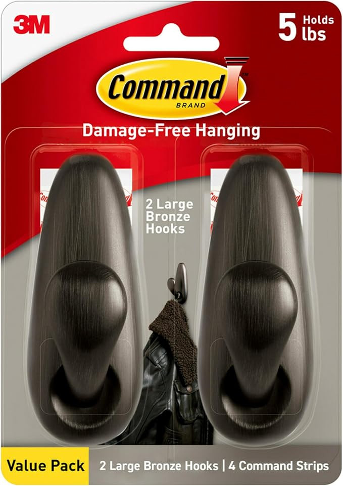 Command 5 lb Large Oil Rubbed Bronze Metal Hooks, 2 Hooks and 4 Command Strips, Damage Free Coat ... | Amazon (US)