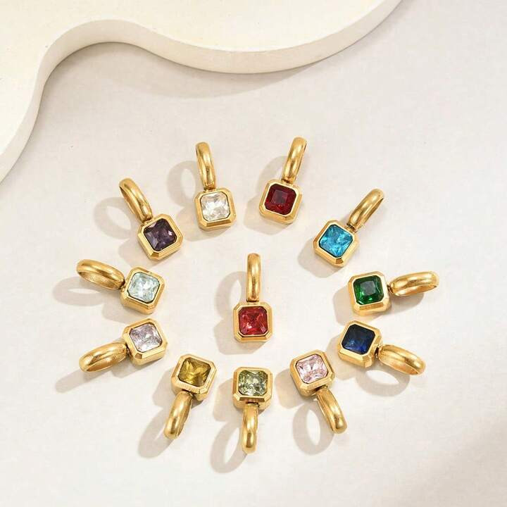 1 Pc Stainless Steel Colored 12Birthstone Pendant Diy Accessories Necklace Female Twelve Birthstone Cube Colored Zirconia Pendant | SHEIN