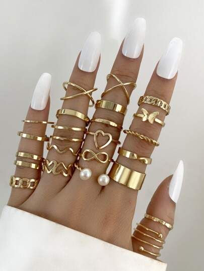 HomeJewelry & WatchesFashion JewelryRingsRing Sets22pcs Heart & Faux Pearl Decor Ring | SHEIN