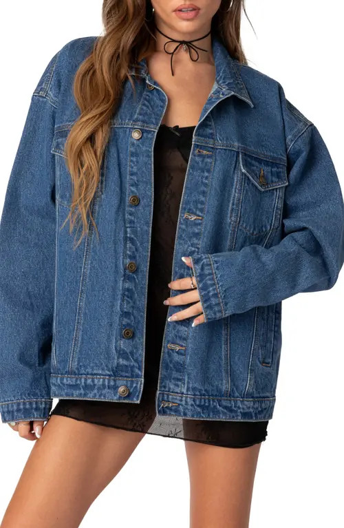 EDIKTED Dalia Oversize Denim Jacket in Dark-Blue at Nordstrom, Size Medium | Nordstrom