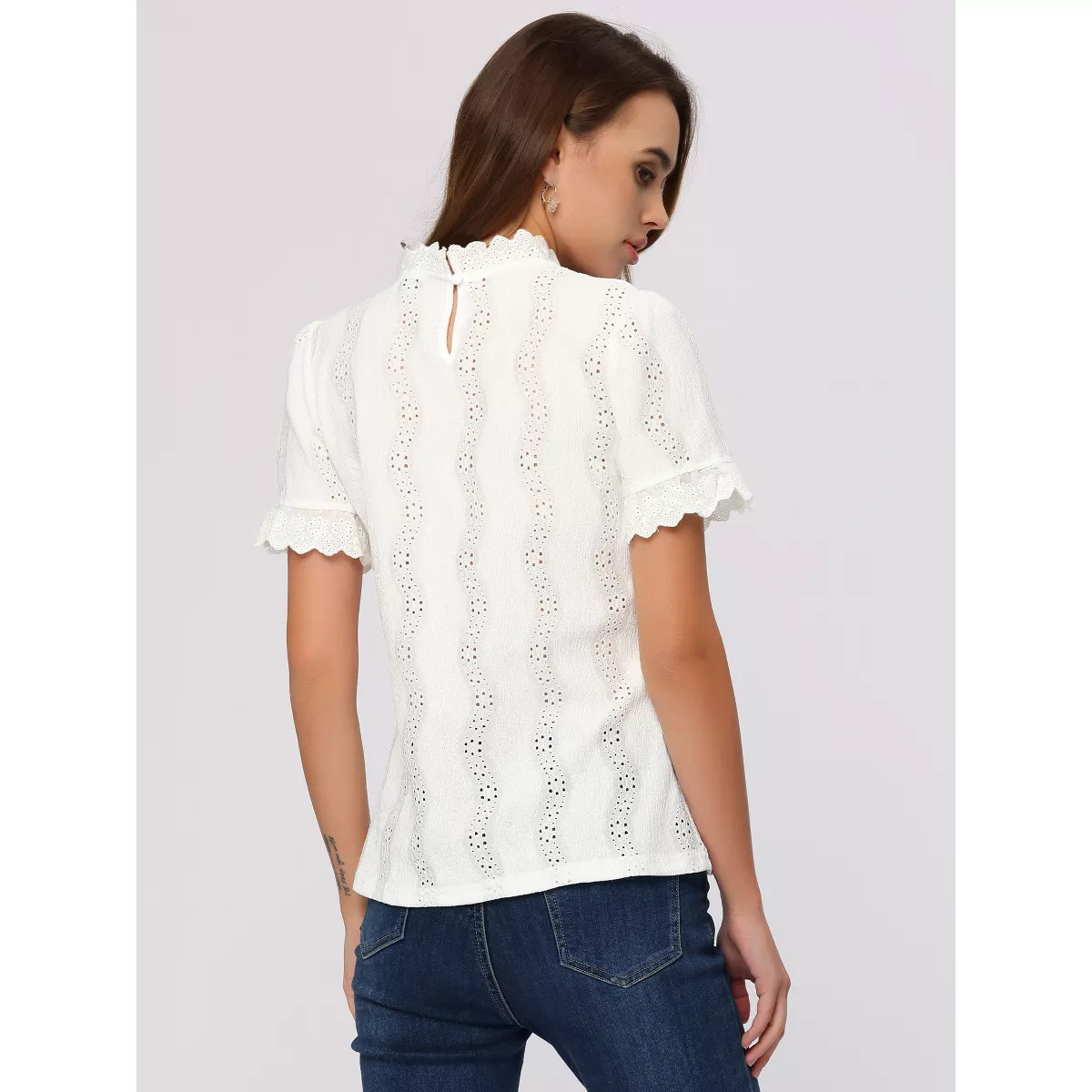 INSPIRE CHIC Women's Crochet Eyelet Mock Neck Puff Sleeve Ruffle Embroidery Blouse | Target