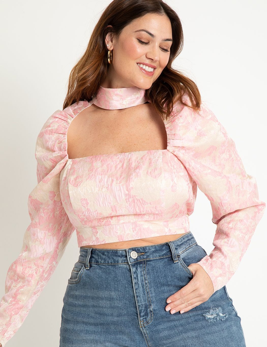 Puff Sleeve Cropped Jacquard Top | Eloquii