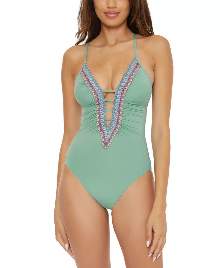 Becca Women's Fiesta Plunge Crochet One-Piece Swimsuit - Macy's | Macy's