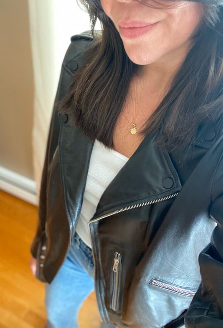 Perfect cropped white tank … super affordable at Old Navy!  I sized up to a medium and it’s perfect.
Also, I’m wearing a large leather jacket.  This jacket a top 5 favorite piece in my wardrobe!  
All links in this post are the exact products I’m wearing 🖤

#LTKFind #LTKSeasonal