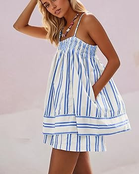 MISSACTIVER Women Sleeveless Striped Tunic Tank Top Summer Color Block Smocked Spaghetti Strap Ca... | Amazon (US)