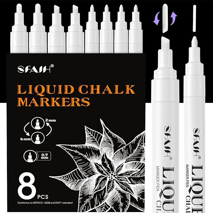 SFAIH White Liquid Chalk Markers for Blackboard, Glass - [Wet Wipe No Residue] 8 Pack- (4x) 2mm/4... | Amazon (US)
