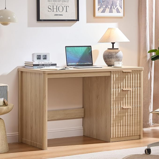 48" Modern Fluted Executive Desk with Storage Cabinet, Natural Wood Home Office Desk with File Dr... | Amazon (US)