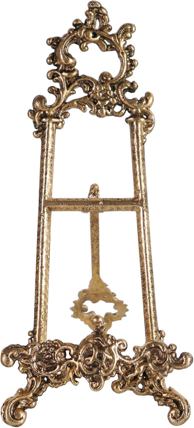 HOME PALETTE Vintage Cookbook Stand, Small Ornate Easel Fleur De Lis Stand, 12.2" Tall Table Top Display Holder for Recipe Book, Picture Frame, Plate, Antique Gold | Amazon (US)