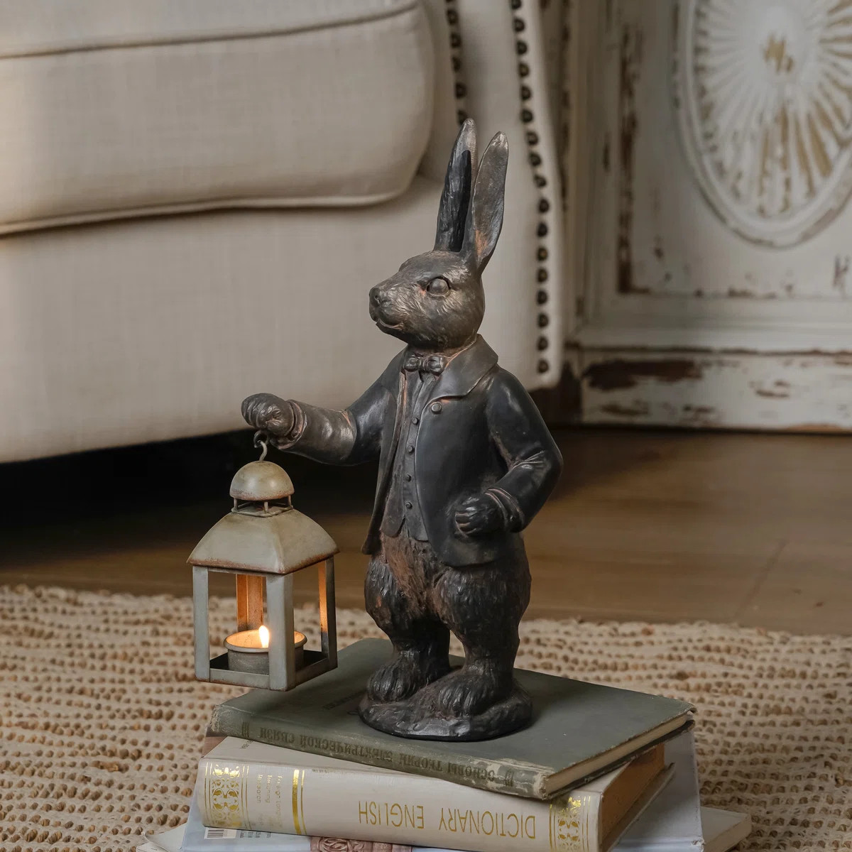 13.19" Garden Bunny Statue Metal Tabletop Lantern | Wayfair North America