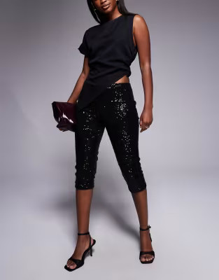 ASOS DESIGN co-ord sequin capri trousers with side split in black | ASOS (Global)