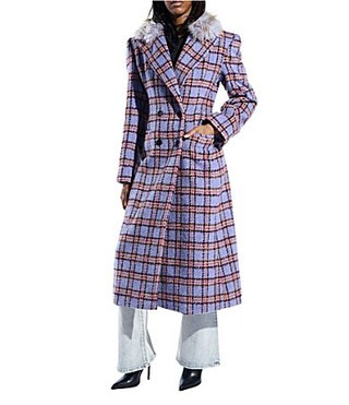 Azalea Wang Alyssa Faux Fur Lavender Plaid Shawl Collar Tailored Fit Button Front Coat - M | Dillard's