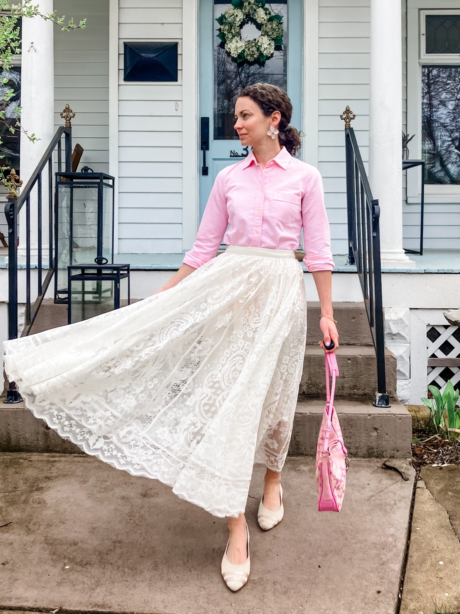 A pink and white lace skirt for church!
Pink button up from J.Crew Factory. 
Cream lace skirt from Amazon. 
Large floral earrings are old, linking similar. 
Nude pointed toe flats from Vivaia. 
Coach bag is vintage. 
Petite outfit. Modest outfit. Spring outfit. Feminine outfit. Classic outfit. Preppy outfit. Church outfit  

#LTKootd #LTKmomlife #LTKOver40
