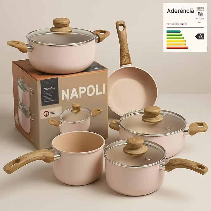 Conjunto de Panela, 5 Peças, Beige, Revestimento Cerâmico, Cabos em Madeira, Soft-Touch, com Ta... | Amazon (BR)