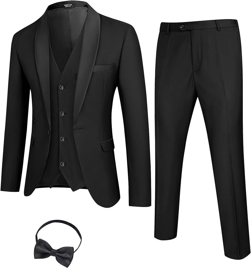 COOFANDY Men's 3 Pieces Suit Slim Fit Tuxedo Set One Button Jacket Vest Pants with Tie | Amazon (US)