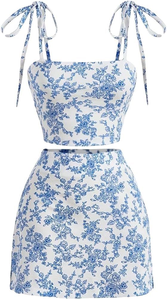 WDIRARA Women's 2 Piece Outfit Floral Print Tie Shoulder Cami Top and Split Hem Skirt Set | Amazon (US)