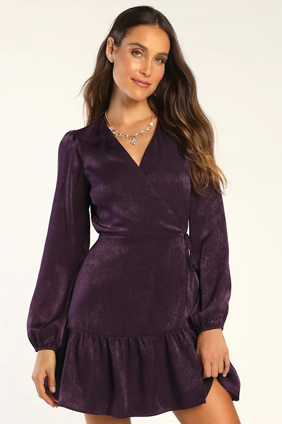 So Splendid Dark Purple Satin Long Sleeve Wrap Dress | Lulus (US)