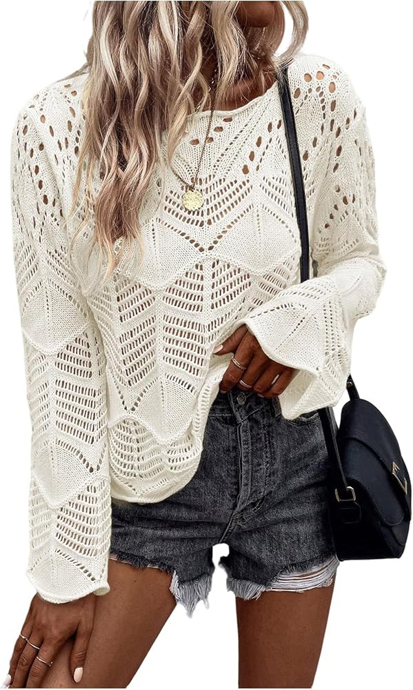 Women's Crochet Sweater Hollow Out Lightweight Sweaters Crew Neck Long Sleeve Casual Pullover Kni... | Amazon (US)
