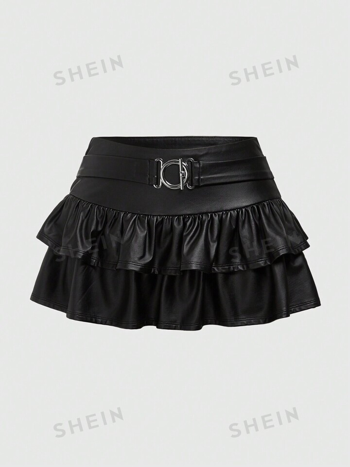 ROMWE PUNK Ladies' Double Layer Ruffle Hem Skirt, School | SHEIN