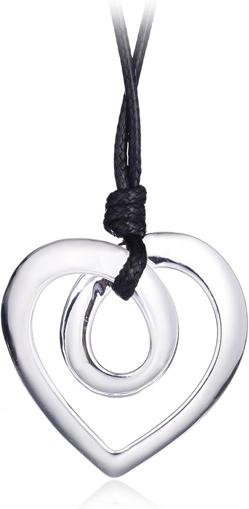 Heart Shape Long Pendant Necklace Silver Plated Black PU Leather Rope Long Chain Necklace for Wom... | Amazon (US)