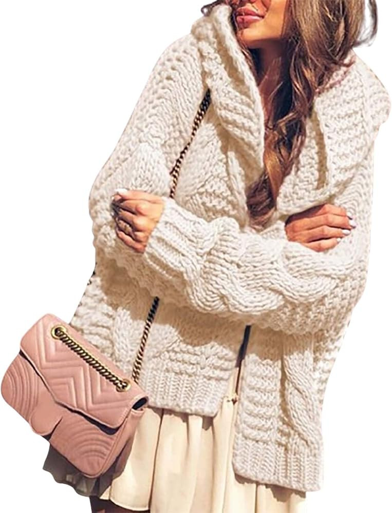 Chunky Cardigan Sweaters for Women Hooded Long Sleeve Open Front Cable Knit Sweater Winter Warm J... | Amazon (US)