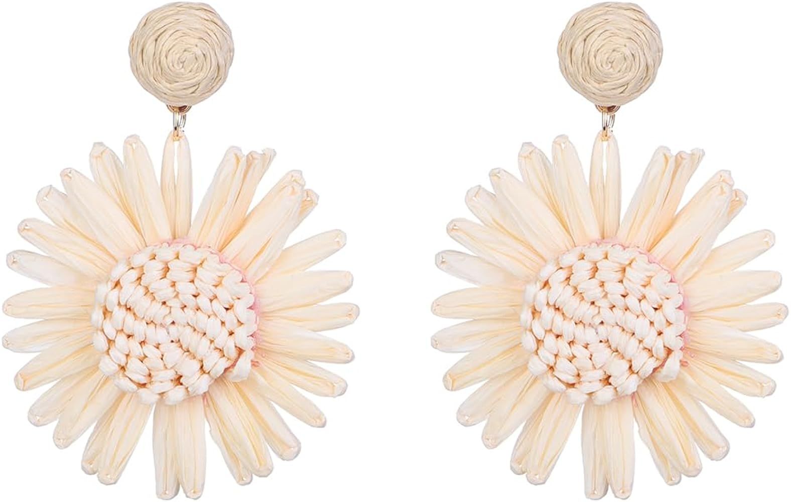 Kercisbeauty Ivory Daisy Flower Raffia Braid Earrings for Women Girls Summer Beach Party Boho Ear... | Amazon (US)