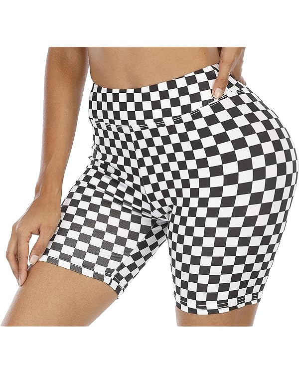 WSPLYSPJY High Waist Biker Yoga Shorts for Women's Black and White Checkered Shorts Athletic Shor... | Amazon (US)