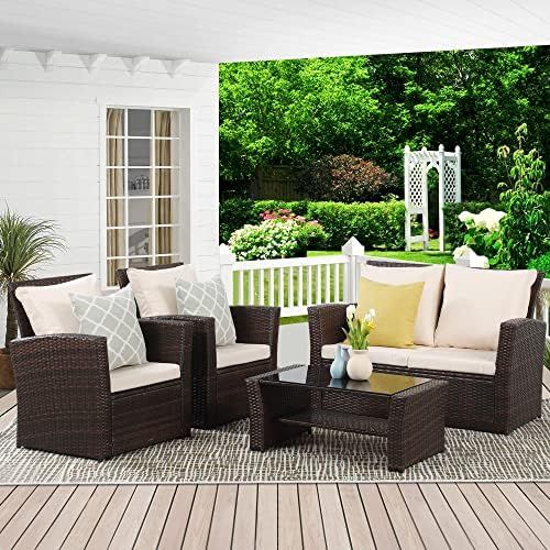 Wisteria Lane 4 Piece Outdoor Patio Furniture Sets, Wicker Conversation Set for Porch Deck, Brown... | Amazon (US)