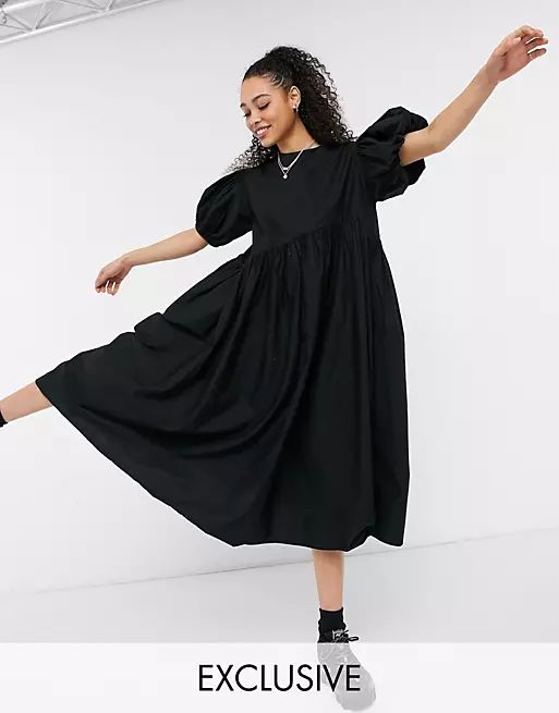 COLLUSION asymmetric waist midi smock dress in black | ASOS (Global)