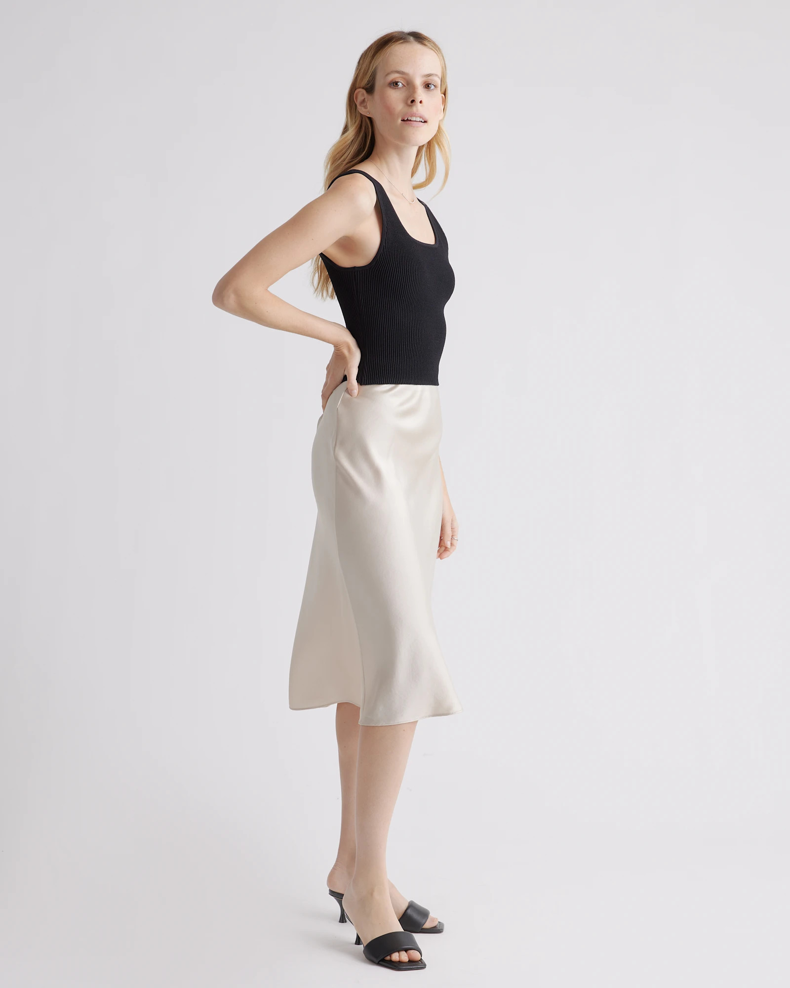 Cropped Square Neck Ribbed Knit Tank in Black | Quince