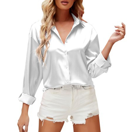 Booker Blouses For Women 2023 White Satin Solid Colour V Neck Long Sleeve Shirt | Walmart (US)