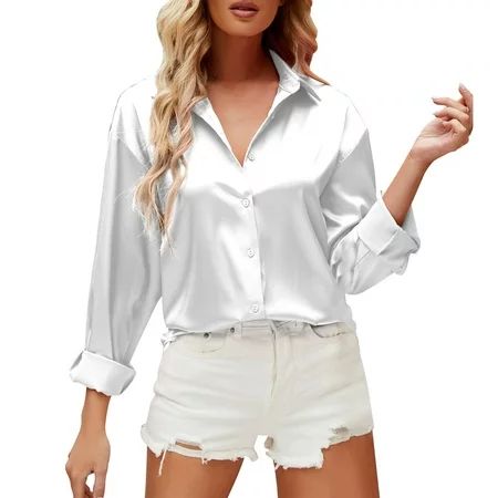 Booker Blouses For Women 2023 White Satin Solid Colour V Neck Long Sleeve Shirt | Walmart (US)
