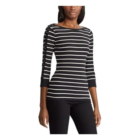 RALPH LAUREN Womens Black Tie Striped 3/4 Sleeve Jewel Neck Blouse Top Size L | Walmart (US)