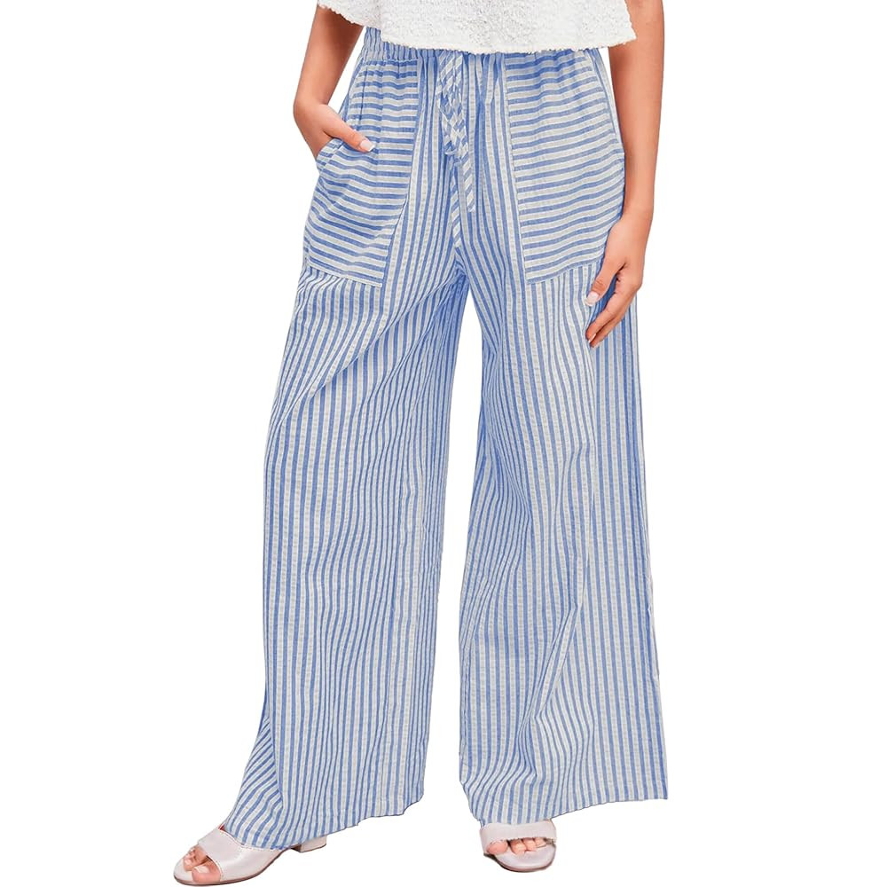 Striped Wide Leg Pants Women Drawstring Elastic Waistband Pant Lounge Palazzo Trousers Beach Vaca... | Amazon (US)