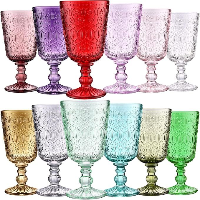 12 Pcs Wine Glass Goblets Colored Glass Goblets Bulk 9 oz Stemmed Glassware Vintage Pattern Embos... | Amazon (US)