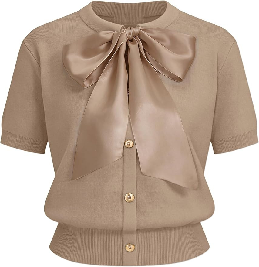 Yeokou Women's Satin Bow Short Sleeve Knit Cardigan Metal Button Crew Neck Casual Sweater Top for... | Amazon (US)