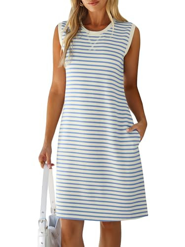 Glamaker Womens Summer Tshirt Dresses Casual Sleeveless Striped Shift Tank Short Sundress Boho Be... | Amazon (US)