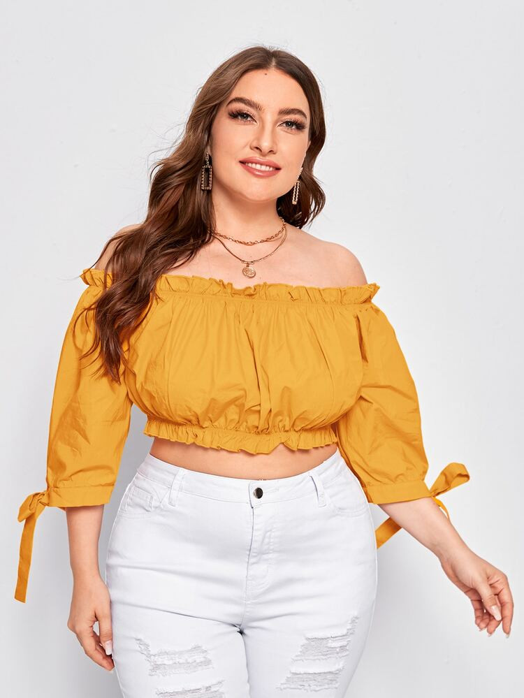 SHEIN Plus Frill Detail Off Shoulder Knot Sleeve Crop Top | SHEIN