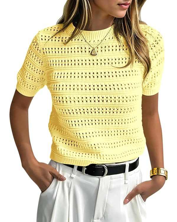 Saodimallsu Womens Short Sleeve Crochet Sweaters Crew Neck Loose Casual Knit Summer Boho Pullover... | Amazon (US)
